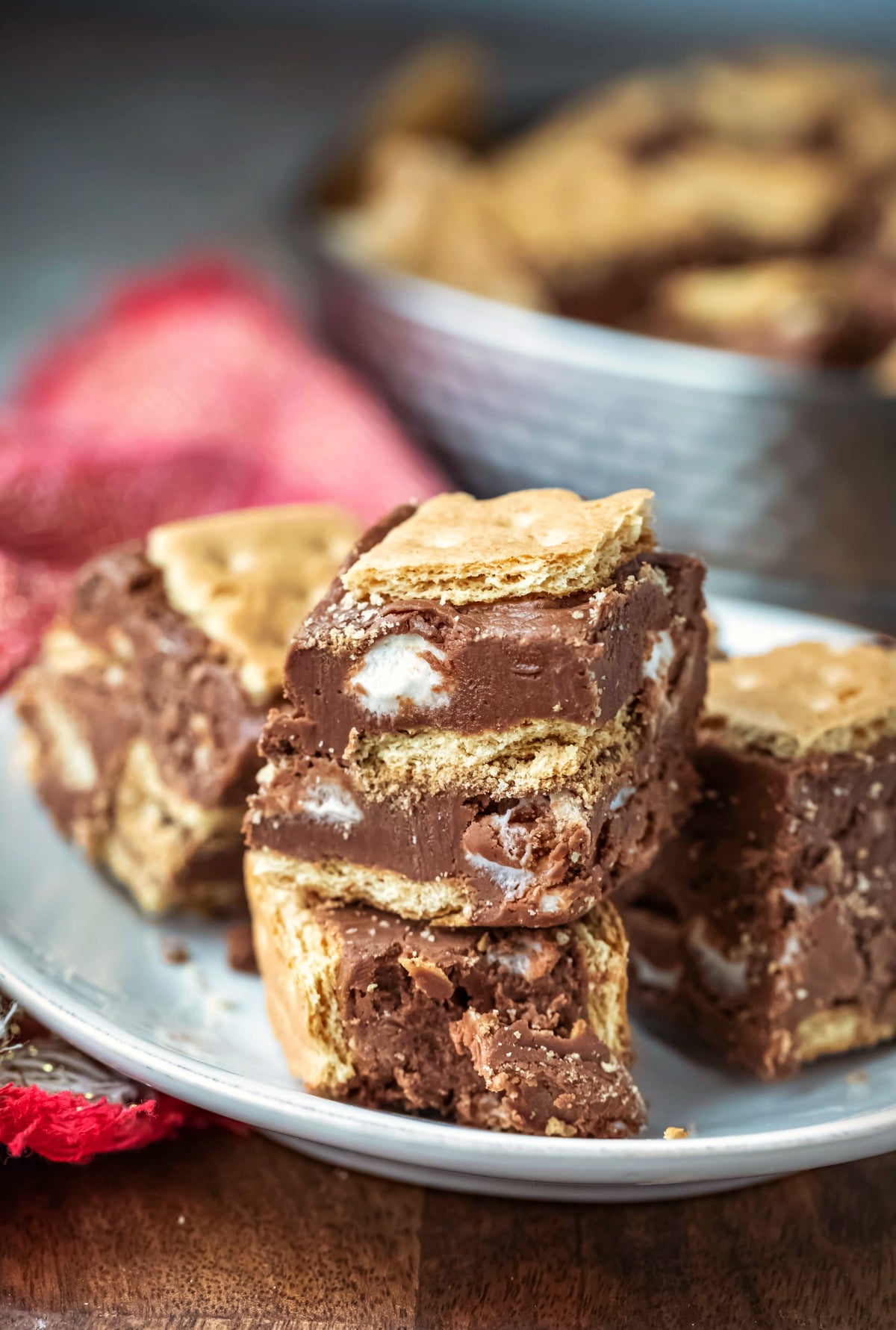 White plate with pieces of s'mores fudge on it