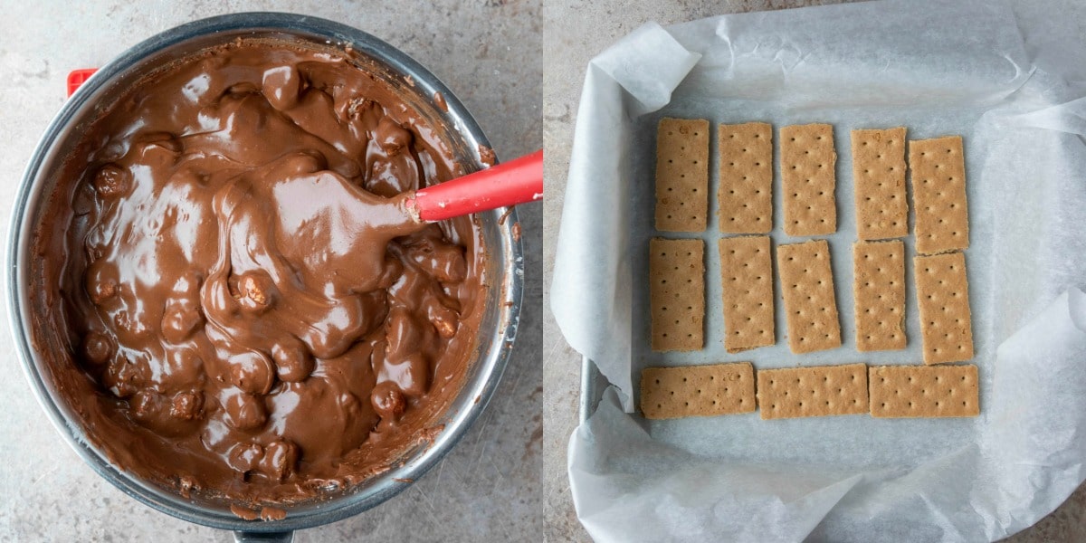 Chocolate marshmallow fudge in saucepan