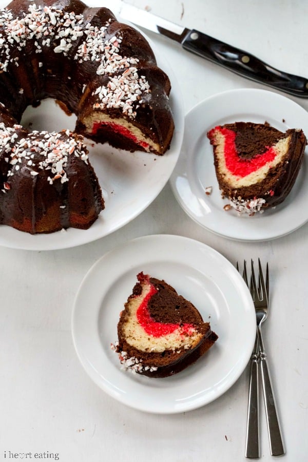 chocolate candy cane swirl bundt cake