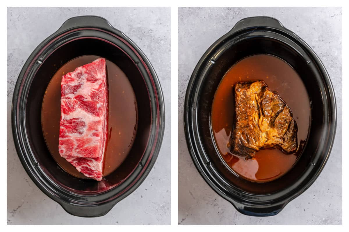 Chuck roast in sauce in a slow cooker next to the cooked roast in a slow cooker.