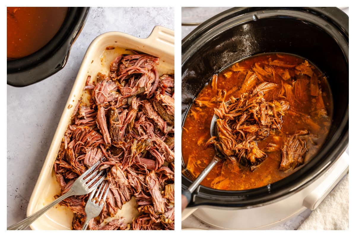 Shredded beef on a cutting board next to the beef in sauce in a slow cooker.