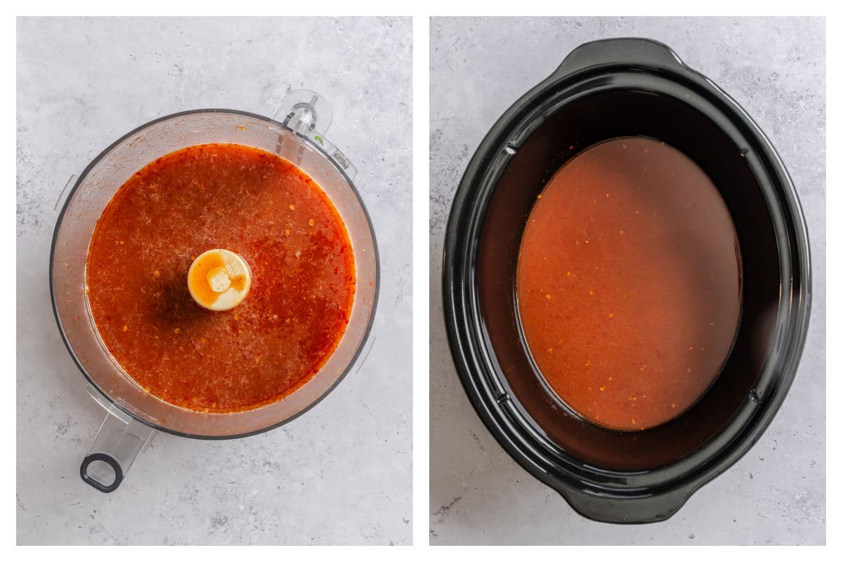 Chipotle pineapple sauce in a food processor next to the sauce in a slow cooker.