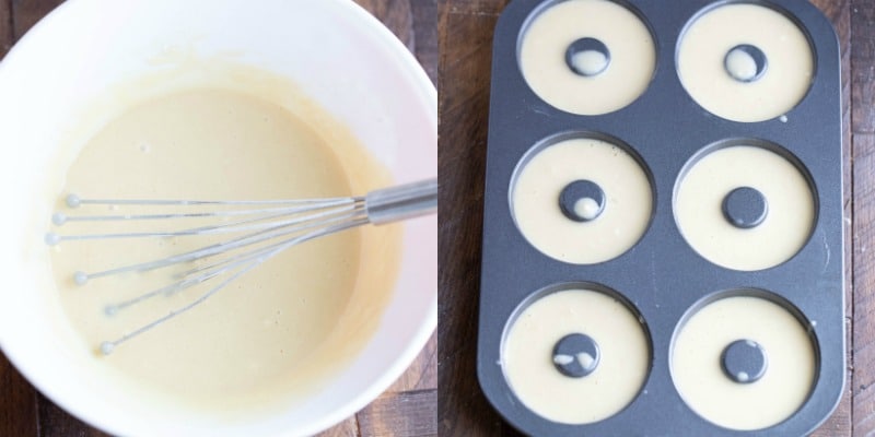 Cinnamon sugar baked donut batter in a donut pan