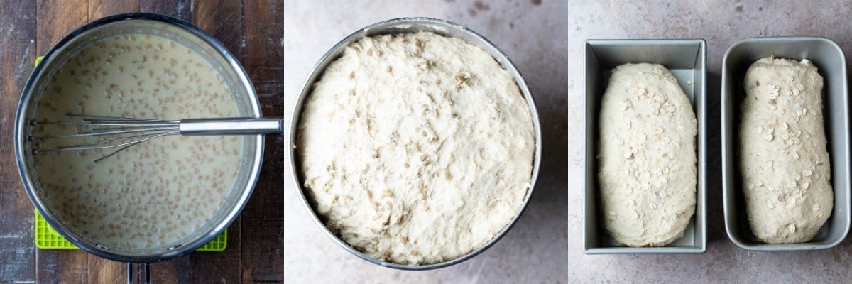 Multigrain bread dough in a silver mixing bowl