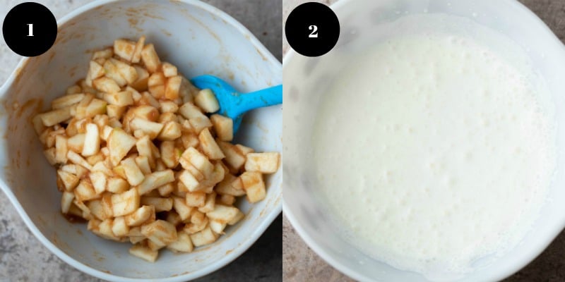 Chopped apples with apple butter in a mixing bowl