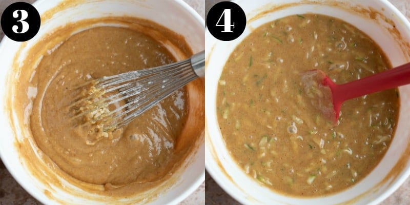 Zucchini cake batter in a white mixing bowl