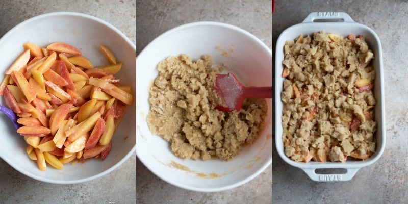 Bowl of sliced peaches and crumble topping