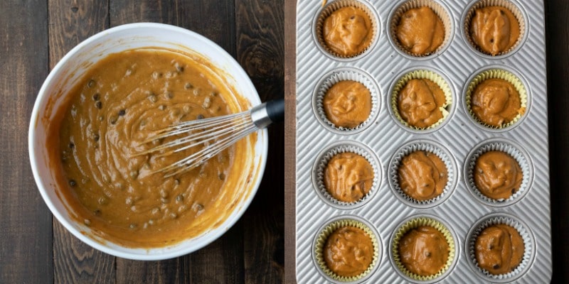 Pumpkin chocolate chip muffin batter in a muffin tin