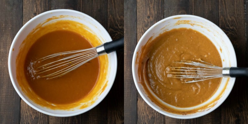 Pumpkin chocolate chip muffin batter in a white mixing bowl