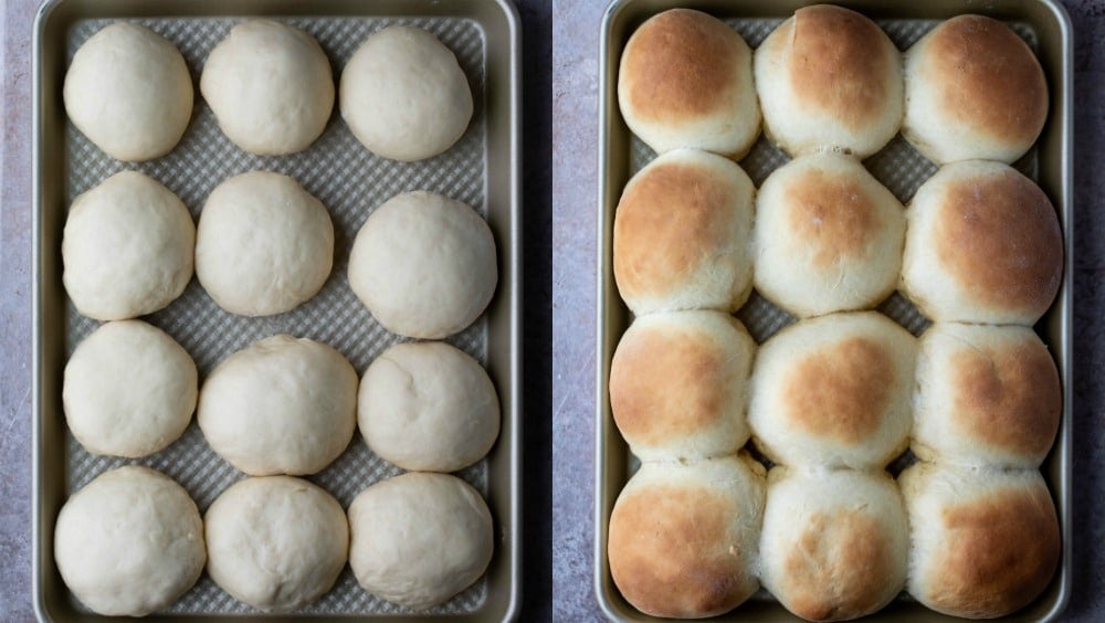 Unbaked honey butter rolls in a gold sheet pan