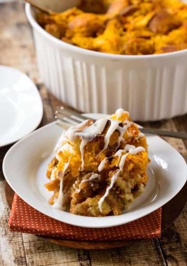 Overnight Pumpkin Cinnamon Roll French Toast Casserole - I Heart Eating