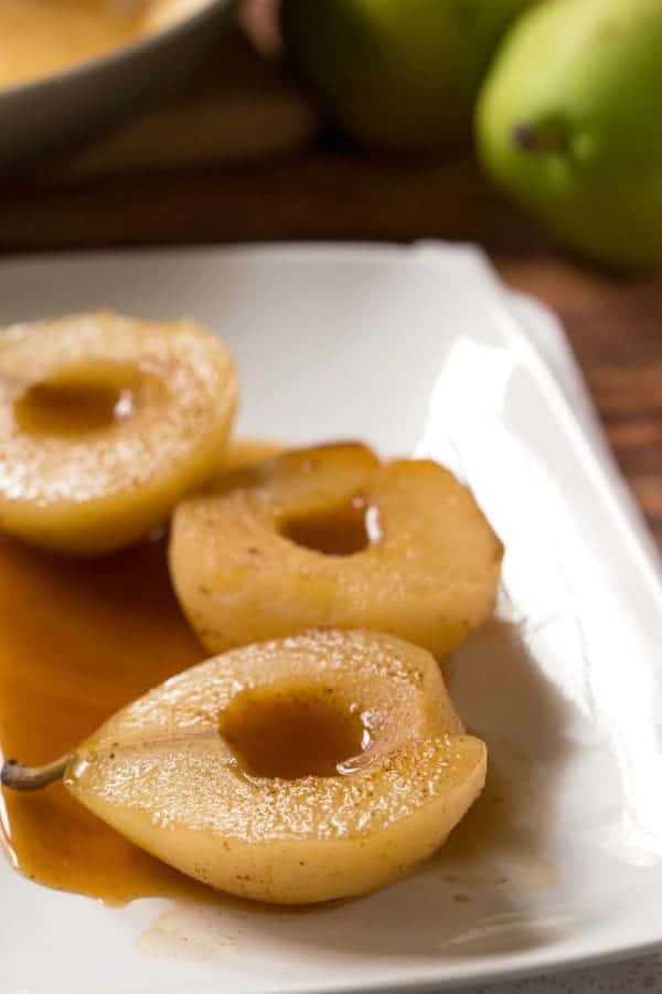  Cider Poached Pears on a white platter