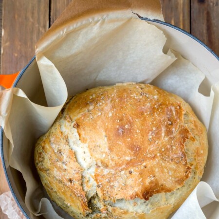 Garlic Herb No-Knead Bread in a Dutch oven.