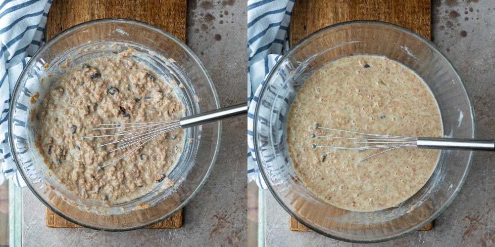 Oatmeal raisin bran muffin batter in a glass mixing bowl