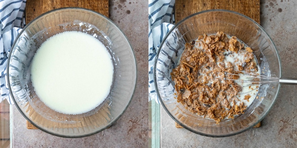 Raisin bran and milk in a glass mixing bowl