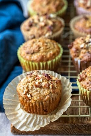 Oatmeal Raisin Bran Muffin on a gold cooling rack