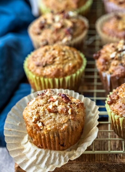 Oatmeal Raisin Bran Muffin on a gold cooling rack
