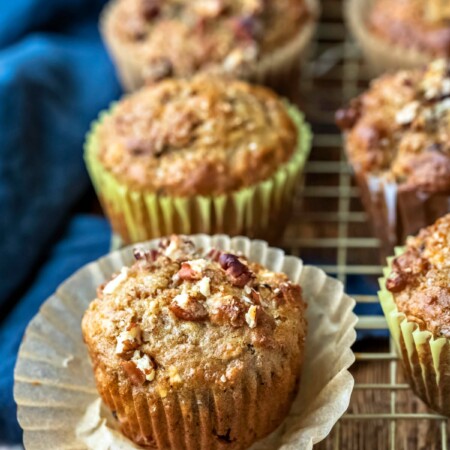 Oatmeal Raisin Bran Muffin on a gold cooling rack