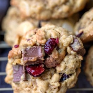 Cranberry oatmeal cookie on a gold wire cooling rack