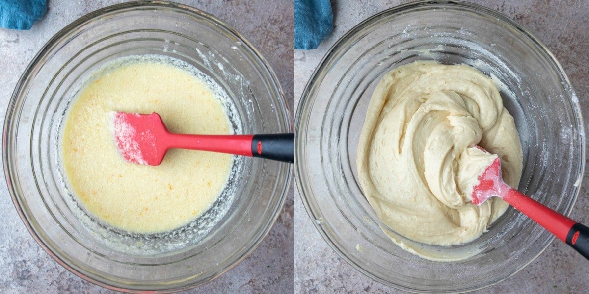 Muffin batter in a glass mixing bowl