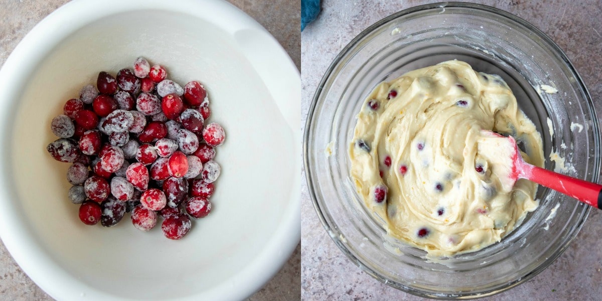 Cranberries coated in flour in a white mixing bowl