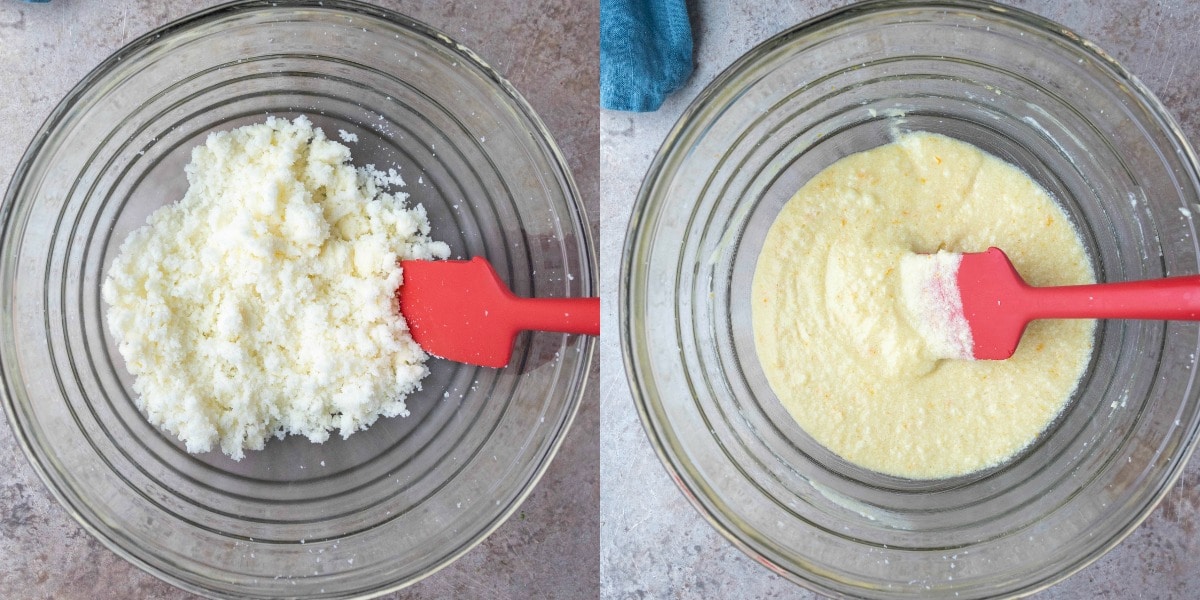Beaten butter and sugar in a glass mixing bowl