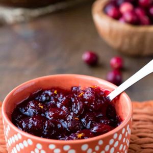 Maple Cranberry Sauce in an orange polka dot dish.