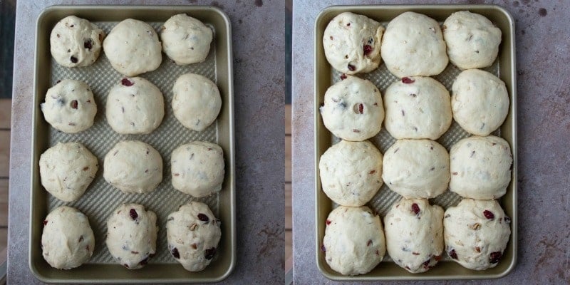 unbaked cranberry wild rice dinner roll dough in a baking pan