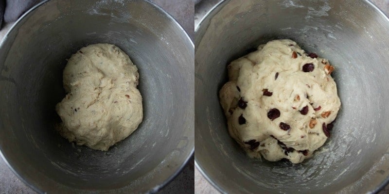 Cranberry wild rice roll dough in a silver mixing bowl