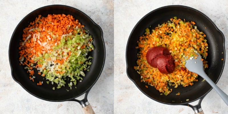 Chopped vegetables in a dark skillet