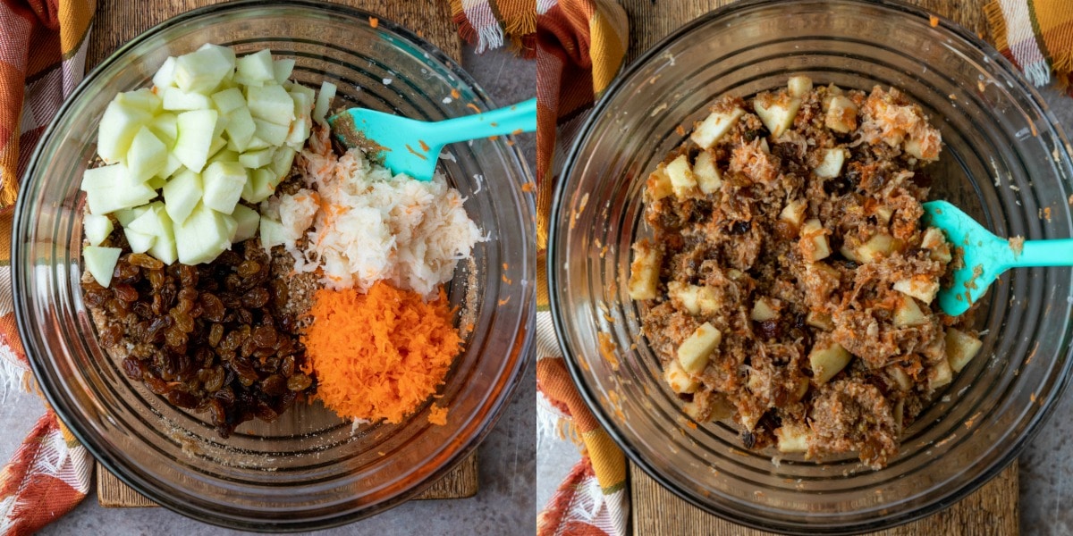 Ingredients for steamed carrot pudding in a glass mixing bowl