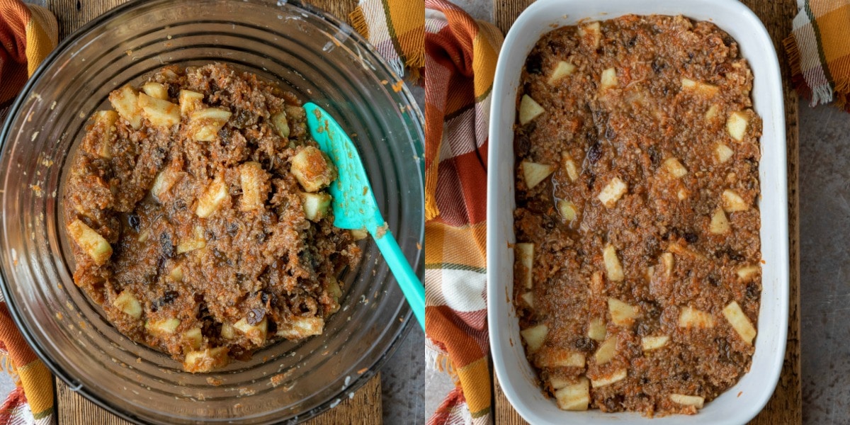 Unbaked steamed carrot pudding in a baking dish