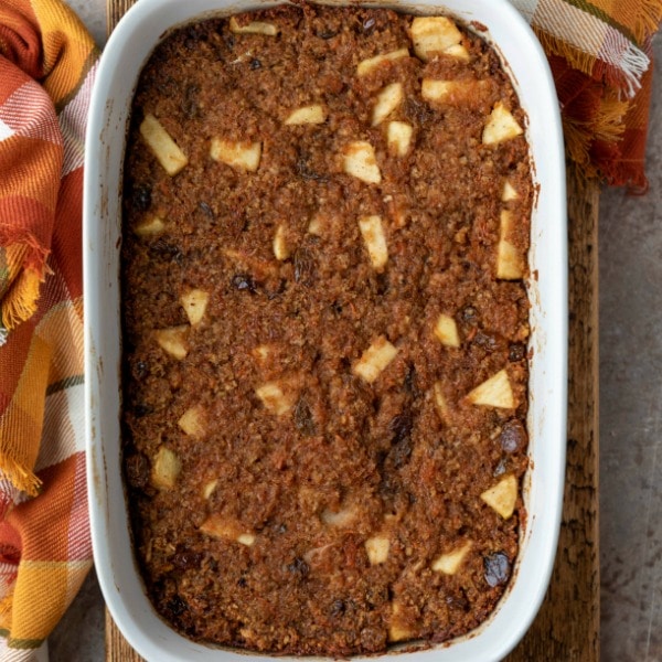 Baked carrot pudding in a white baking dish