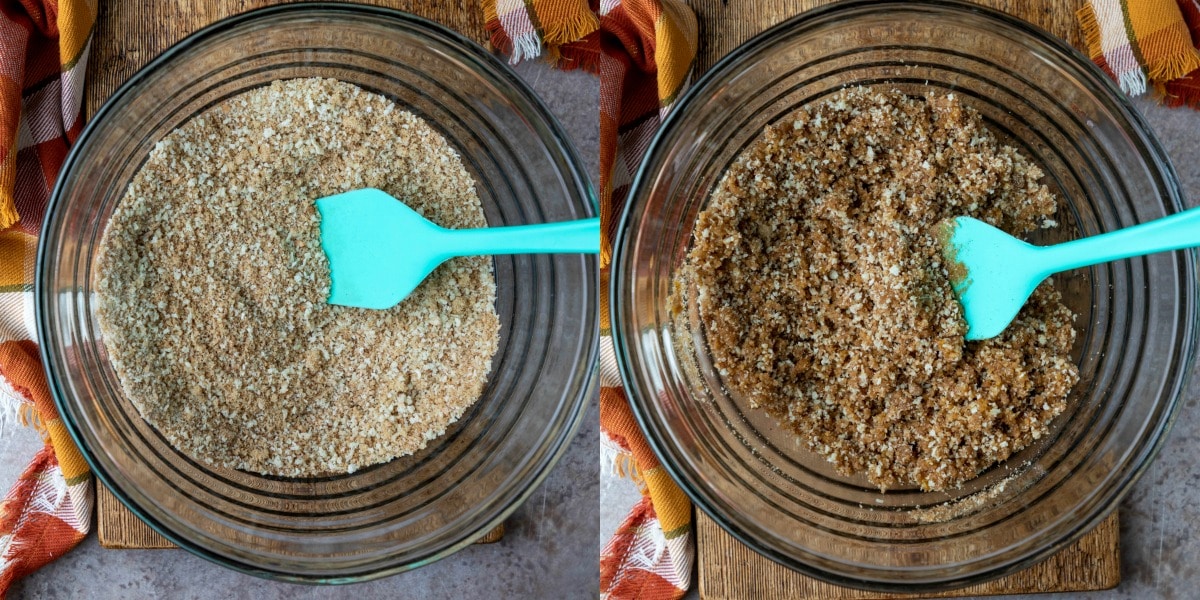 Dry bread crumbs and spices in a glass mixing bowl