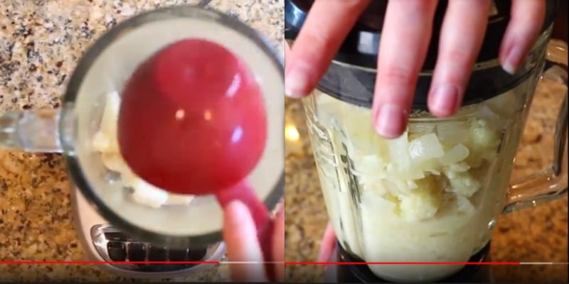 Blender full of cauliflower soup mixture