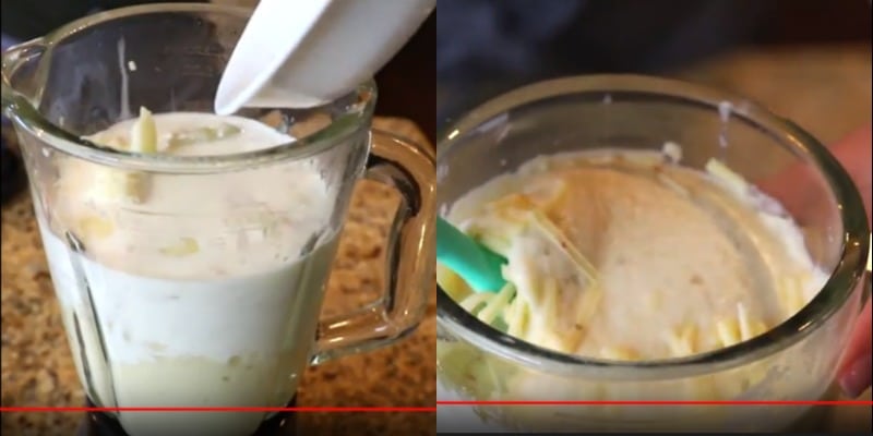 Dish pouring half and half into cauliflower soup