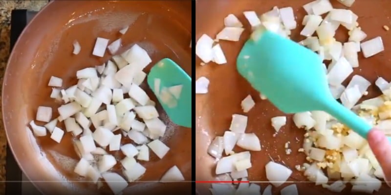 Onion cooking in a copper skillet