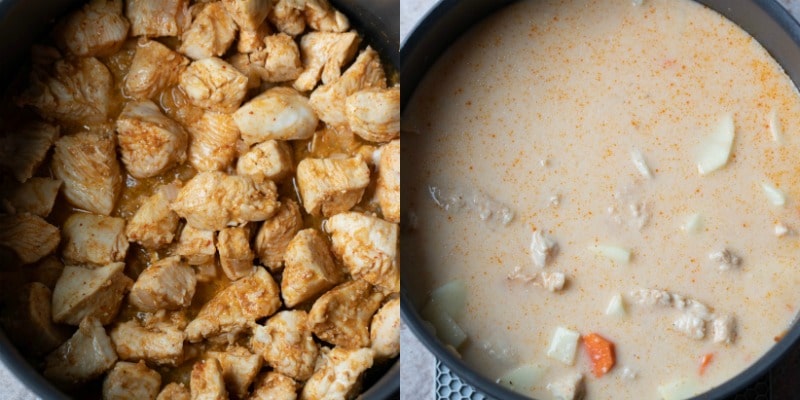 Ingredients in a pot for chicken massman curry