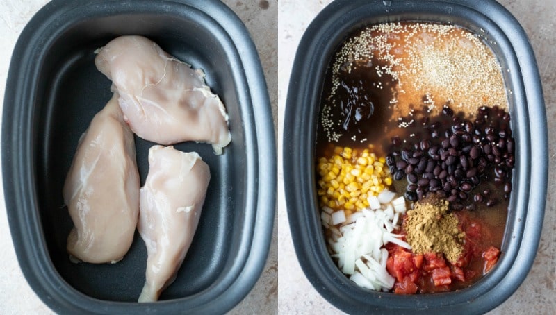 Ingredients for slow cooker barbecue chicken quinoa chili in a crock pot insert