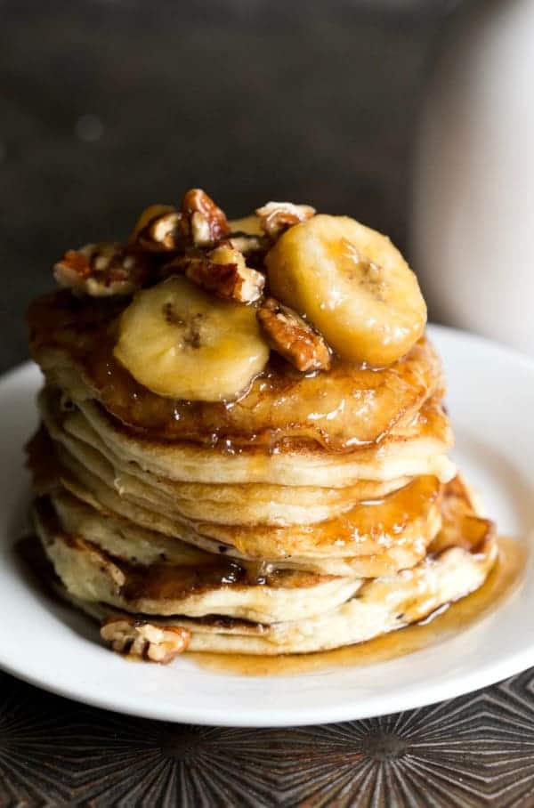 chocolate chip ricotta pancakes with caramelized bananas