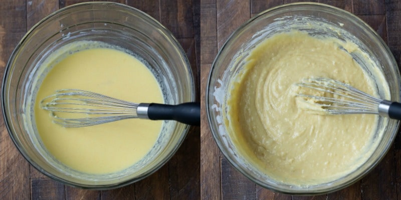 Lemon blueberry muffin batter in a glass mixing bowl