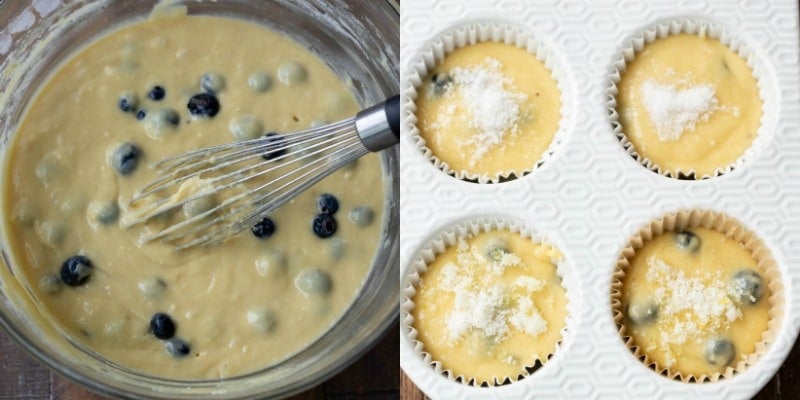 Lemon blueberry muffin batter in a white muffin tin