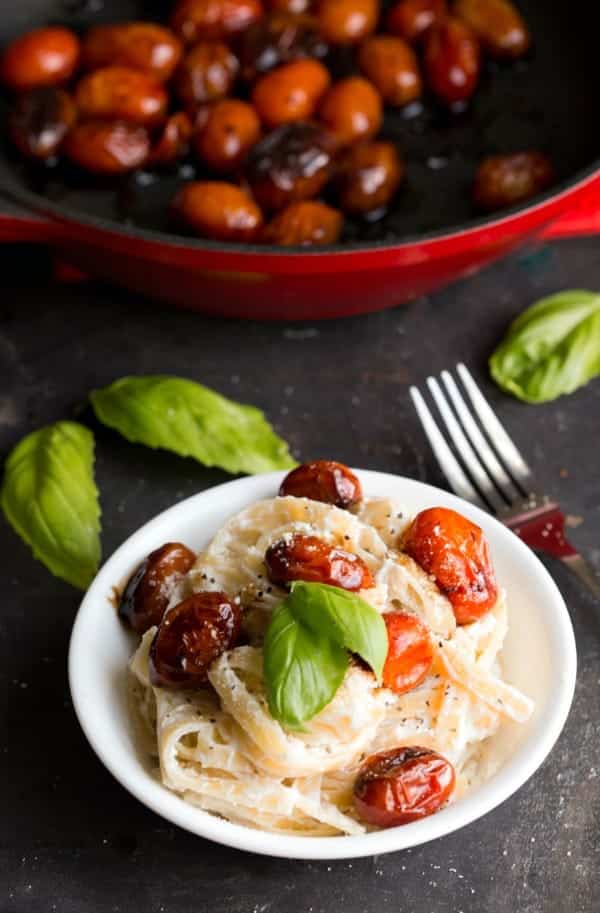 fettuccine ricotta with blistered balsamic tomatoes