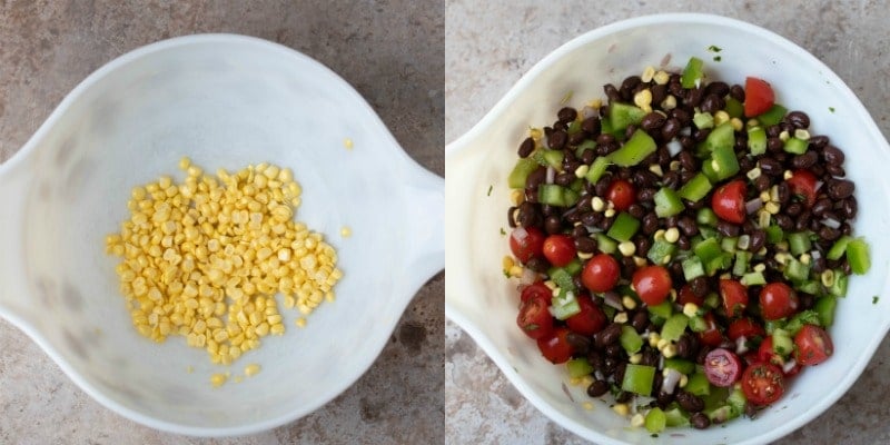 Vegetables for black bean salad in a white bowl