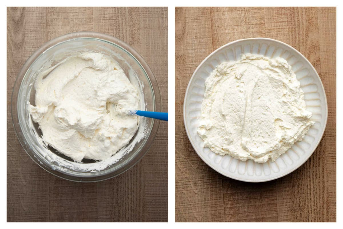 Whipped topping folded into dip next to dip in a dish.