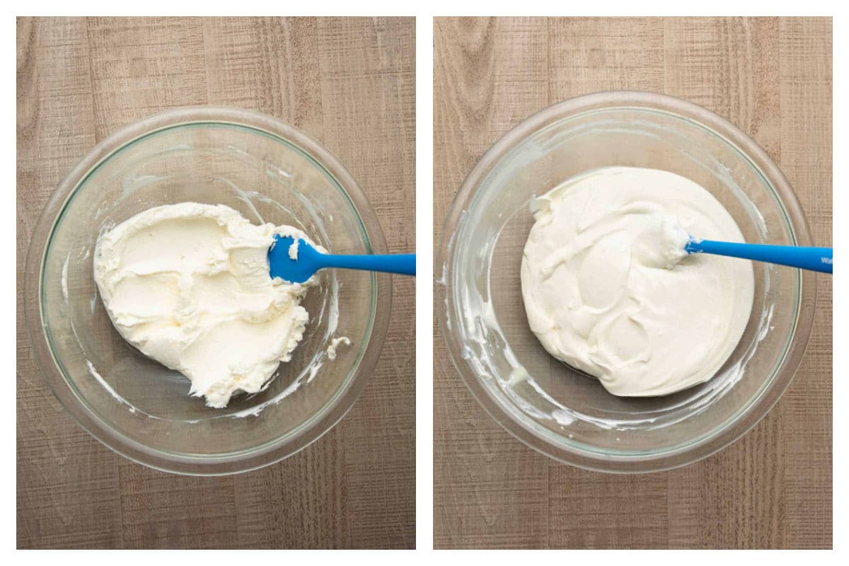 Beaten cream cheese in a bowl next to Greek yogurt mixed in.
