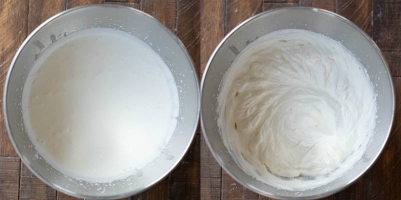 Whipped cream in a silver mixing bowl