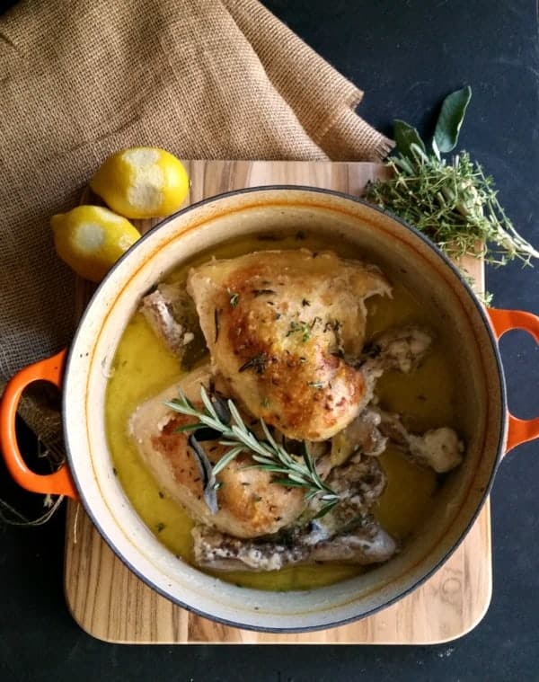 Overhead picture Roast Chicken in Milk in Dutch oven