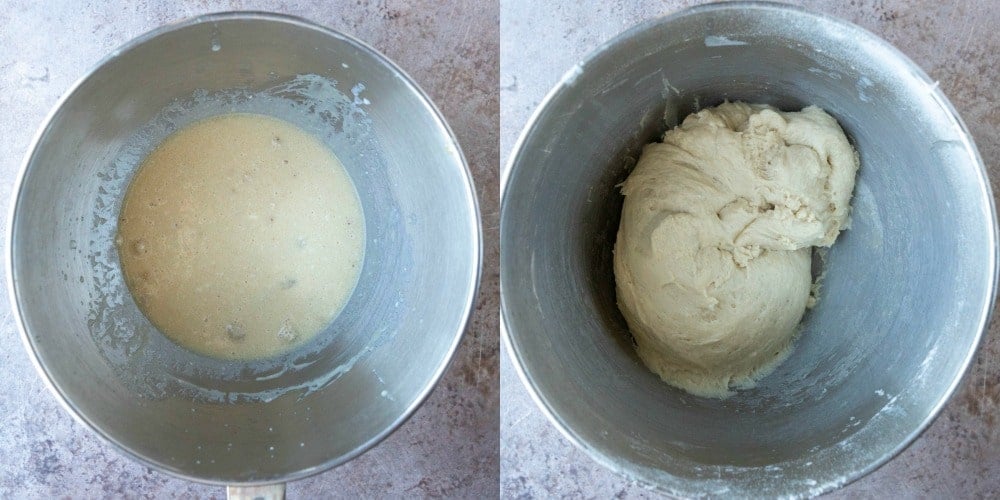 Proofed yeast in a silver mixing bowl