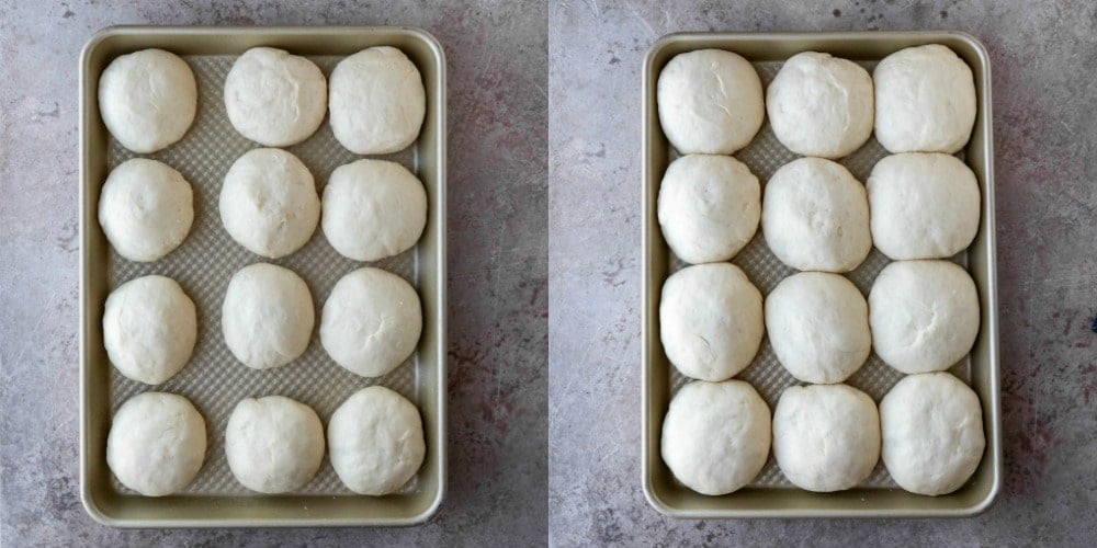 Trays of unrisen and risen rolls